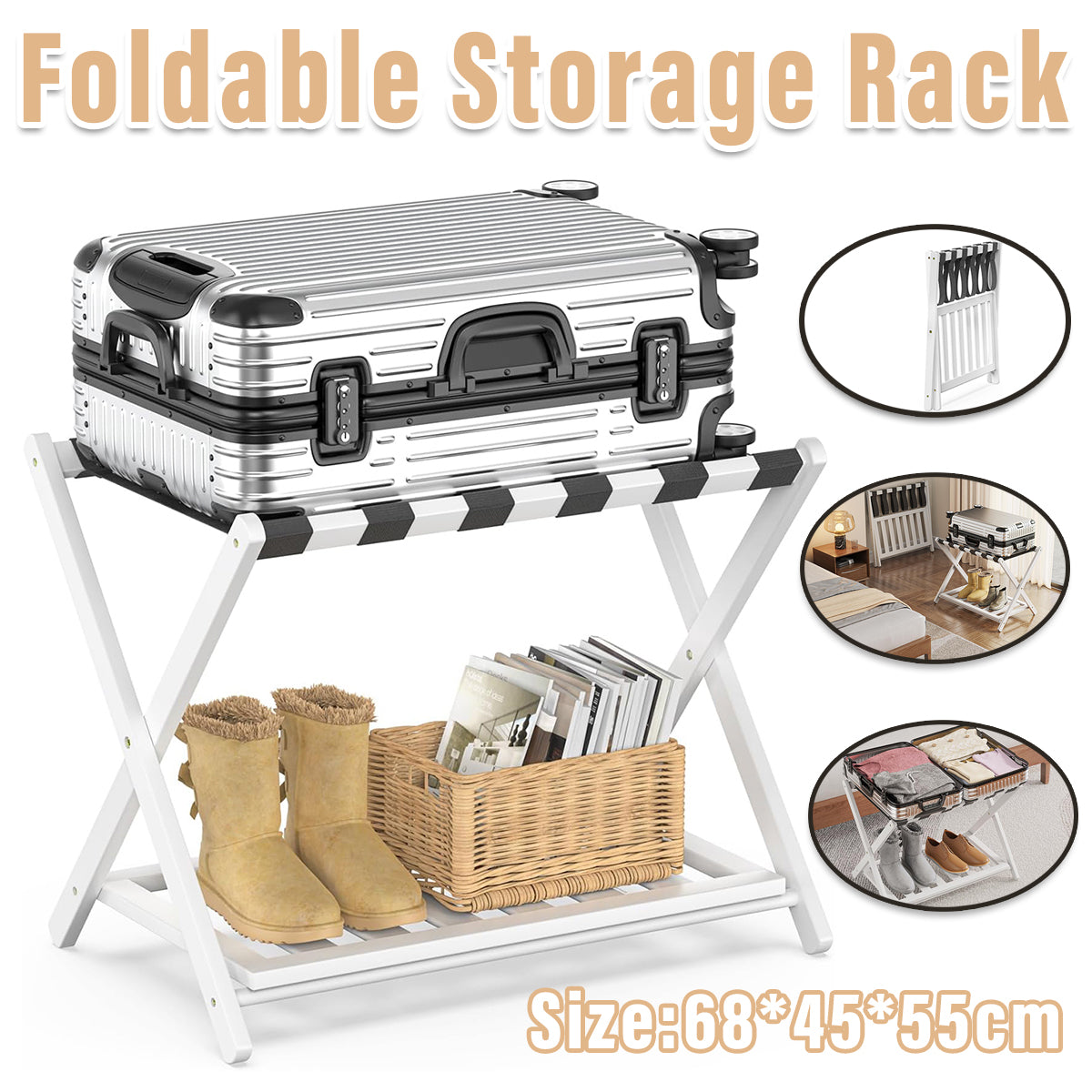 Bamboo Luggage Rack Foldable with Bottom Shelf for Guest Rooms