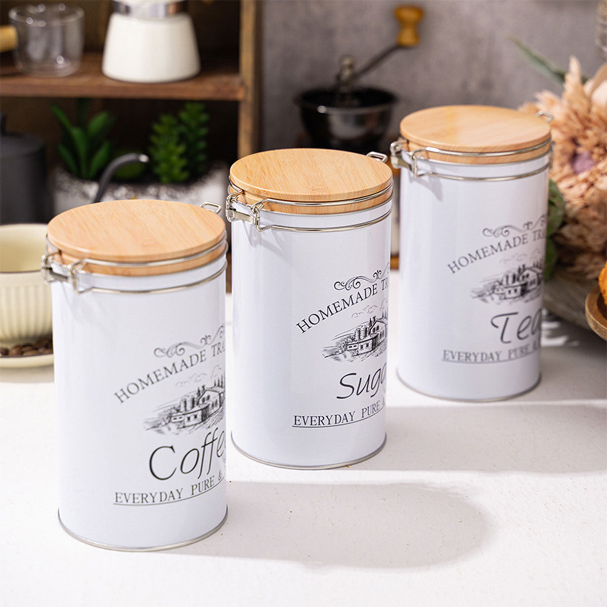 3PCS White Tinplate Coffee Tea Sugar Storage Jar Set Sealed Kitchen Counter AU