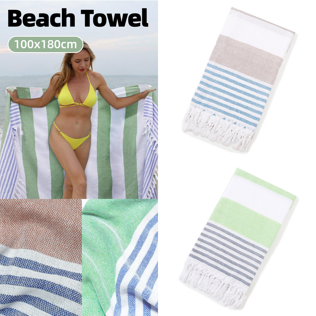 Striped Cotton Bath Towel with Tasselled Edge – Product View 2