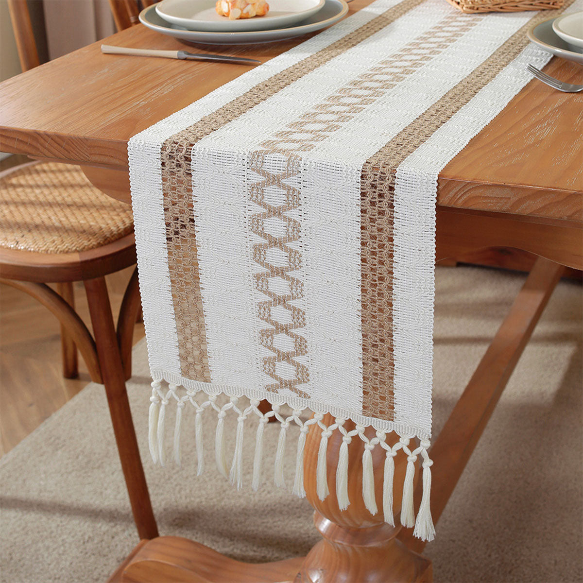 Cotton Linen Table Runner with Knot Tassel Bed End Towel Long Tablecloth Mat  AU