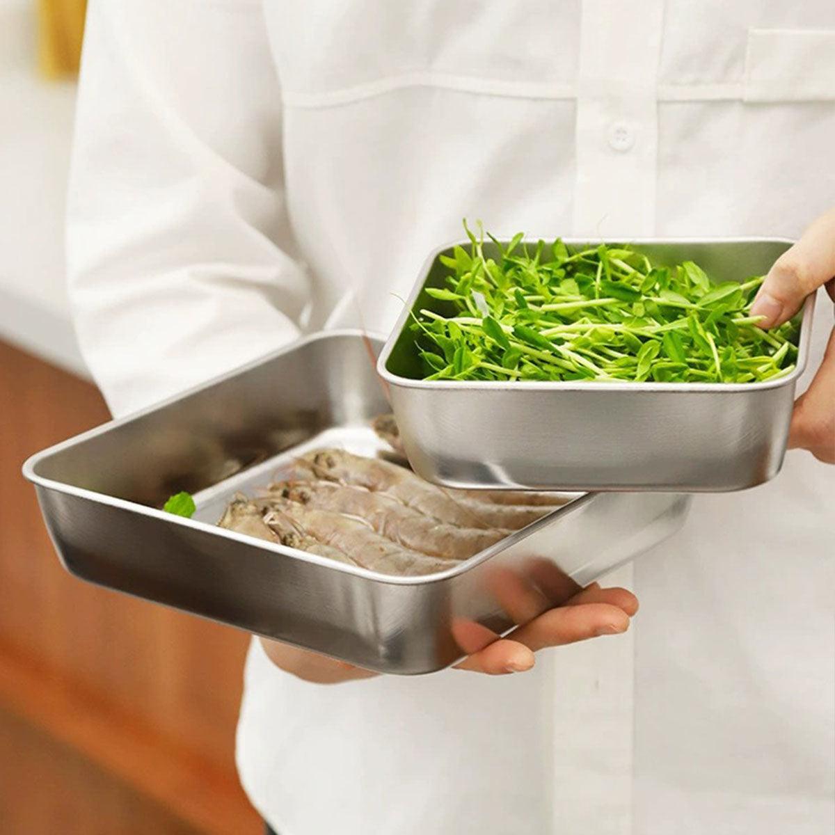 2PCS Stainless Steel Square Food Tray With Lid Rectangular Storage Box Plate AU