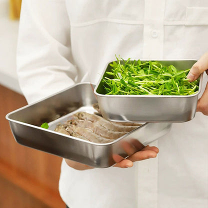 2PCS Stainless Steel Square Food Tray With Lid Rectangular Storage Box Plate AU