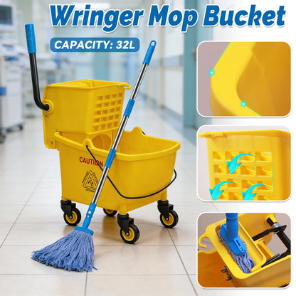 32L Wringer Mop Bucket with Mop Kit for Home Floor Cleaning