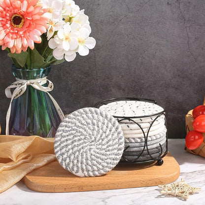 Round Cotton Woven Coaster Heat Resistant Dining Table Mat Set of 8