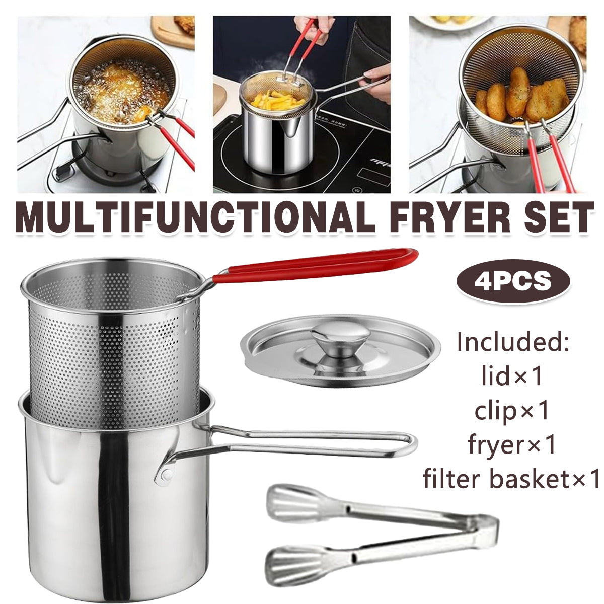 4PCS Stainless Steel Fryer Set Basket Lid Clip Induction Stove Cooking Pot