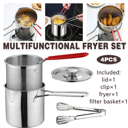 4PCS Stainless Steel Fryer Set Basket Lid Clip Induction Stove Cooking Pot
