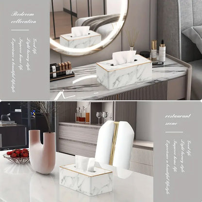 Rectangular Marble PU Leather Tissue Box Cover Napkin Holder Towel Dish Desktop