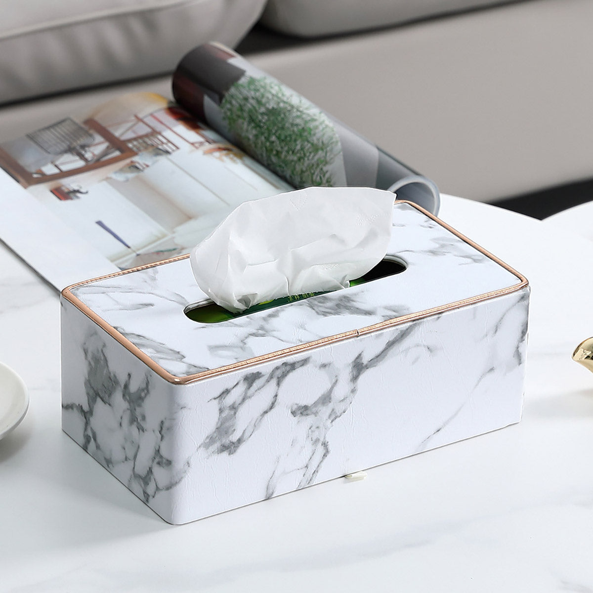Rectangular Marble PU Leather Tissue Box Cover Napkin Holder Towel Dish Desktop