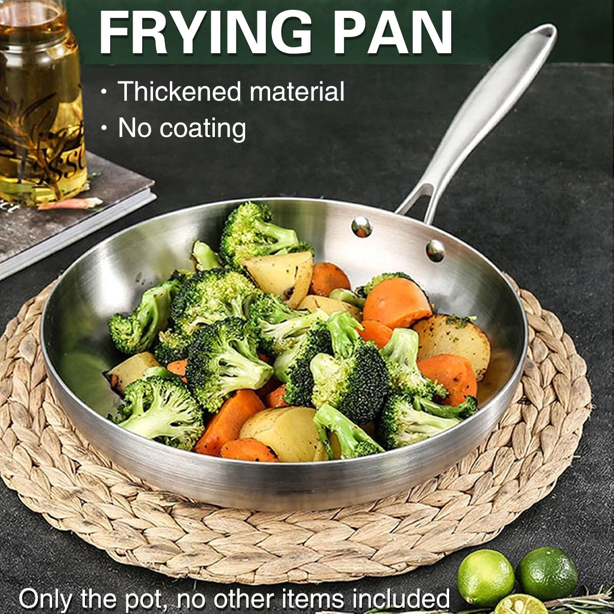 304 Uncoated Stainless Steel Wok Pan Triple Layer for Induction Gas Stove Cooking