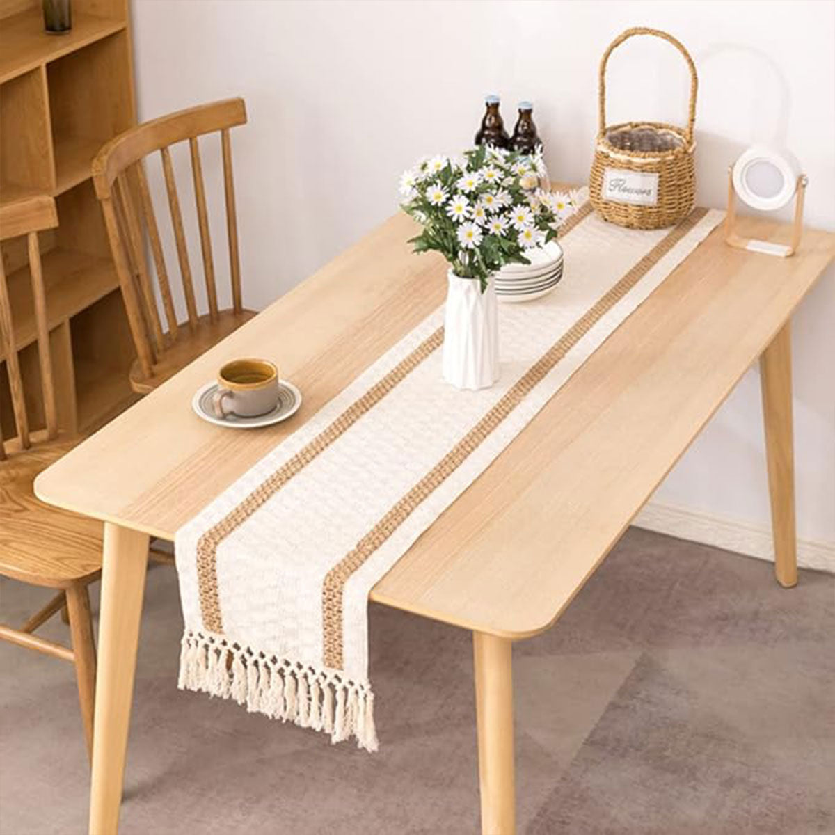 Cotton Linen Table Runner with Knot Tassel Bed End Towel Long Tablecloth Mat  AU
