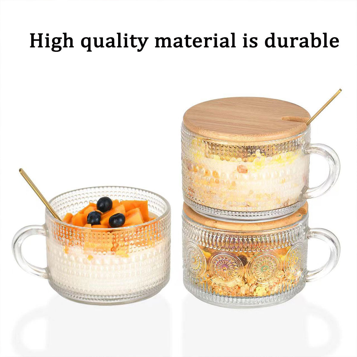 4PCS Vintage Embossed Glass Coffee Cups 14oz with Lid and Spoon for Tea Milk AU