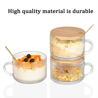 4PCS Vintage Embossed Glass Coffee Cups 14oz with Lid and Spoon for Tea Milk AU