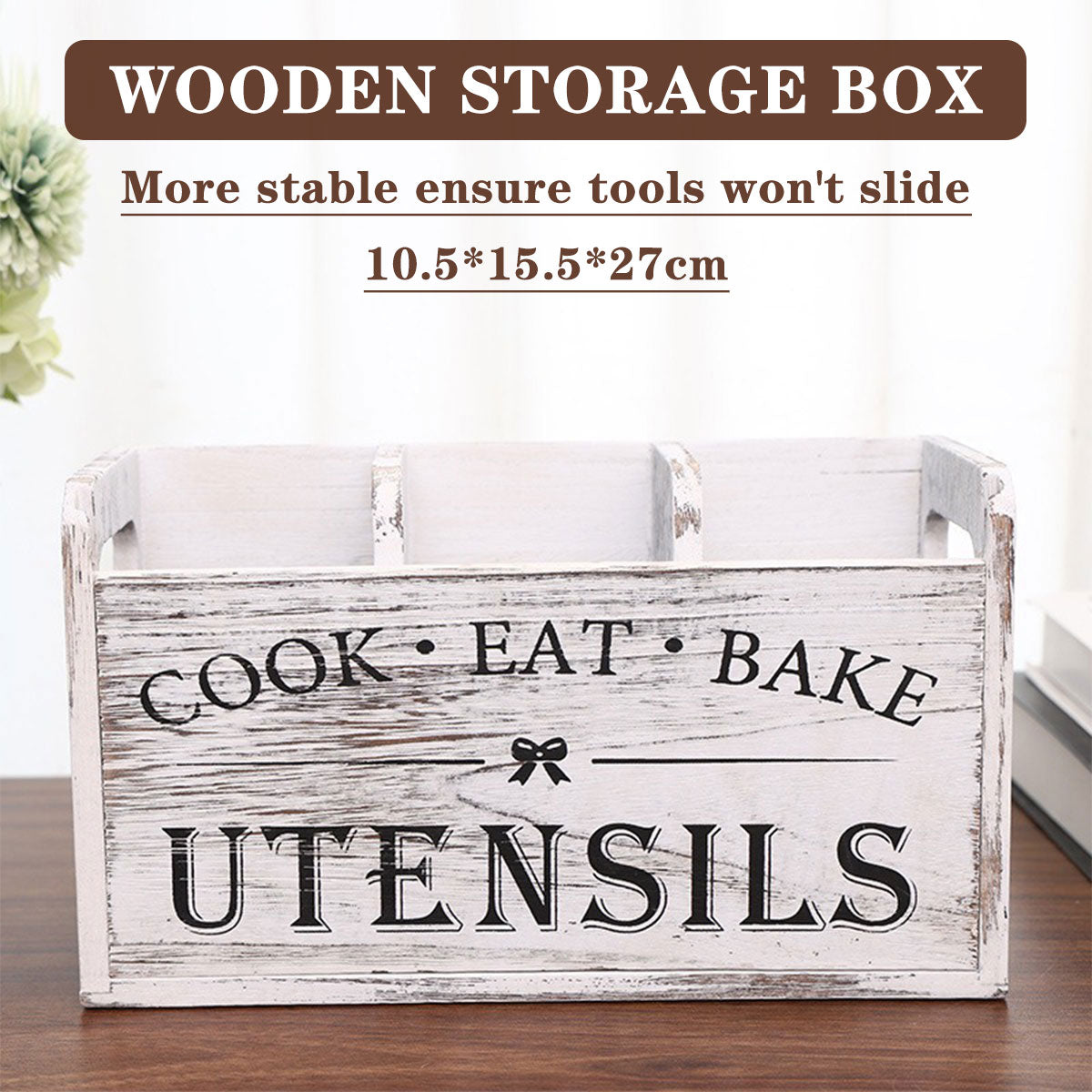 Wooden Rustic Cutlery Organizer Kitchen Utensil Holder Caddy With Handle