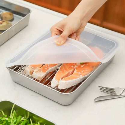 2PCS Stainless Steel Square Food Tray With Lid Rectangular Storage Box Plate AU