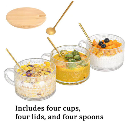 4PCS Vintage Embossed Glass Coffee Cups 14oz with Lid and Spoon for Tea Milk AU