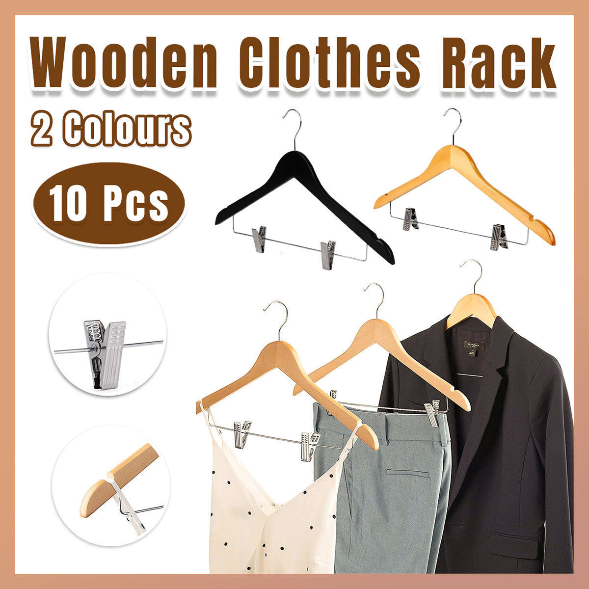 10 Pcs Wooden Non-Slip Wide Shoulder Clothes Hanger with Clip for Hotel Wardrobe