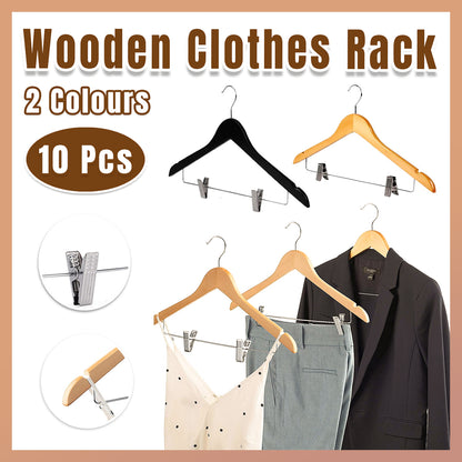 10 Pcs Wooden Non-Slip Wide Shoulder Clothes Hanger with Clip for Hotel Wardrobe