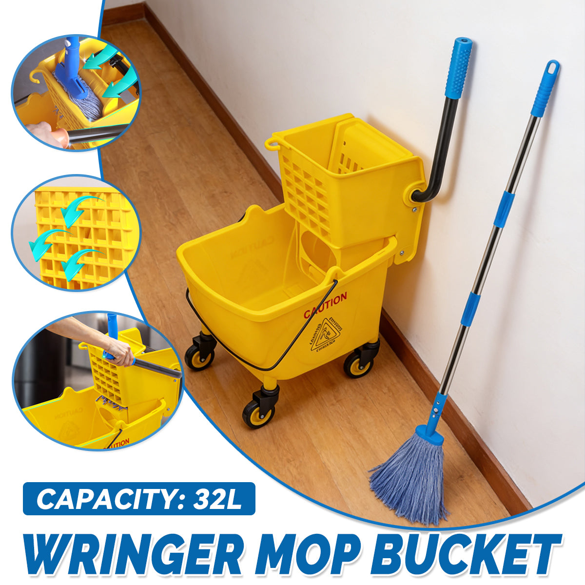 32L Wringer Mop Bucket with Mop Kit for Home Floor Cleaning