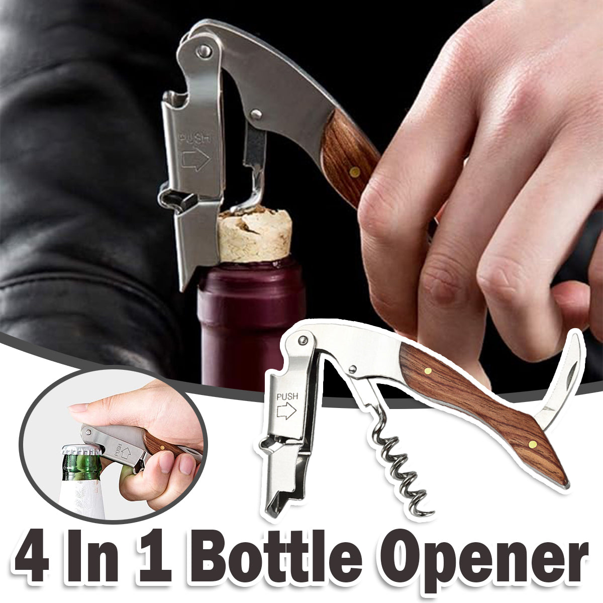 4-in-1 Wine Opener Set Corkscrew Foil Cutter Bottle Stopper Kit