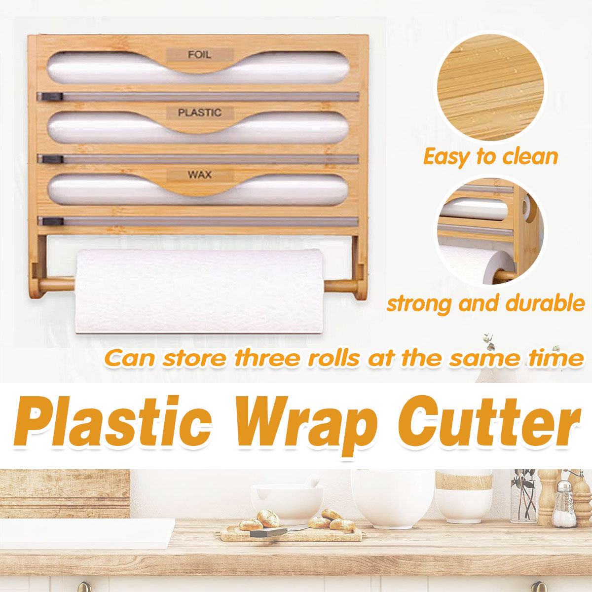 Bamboo Plastic Wrap Cutter Wall Mount Kitchen Storage Organizer