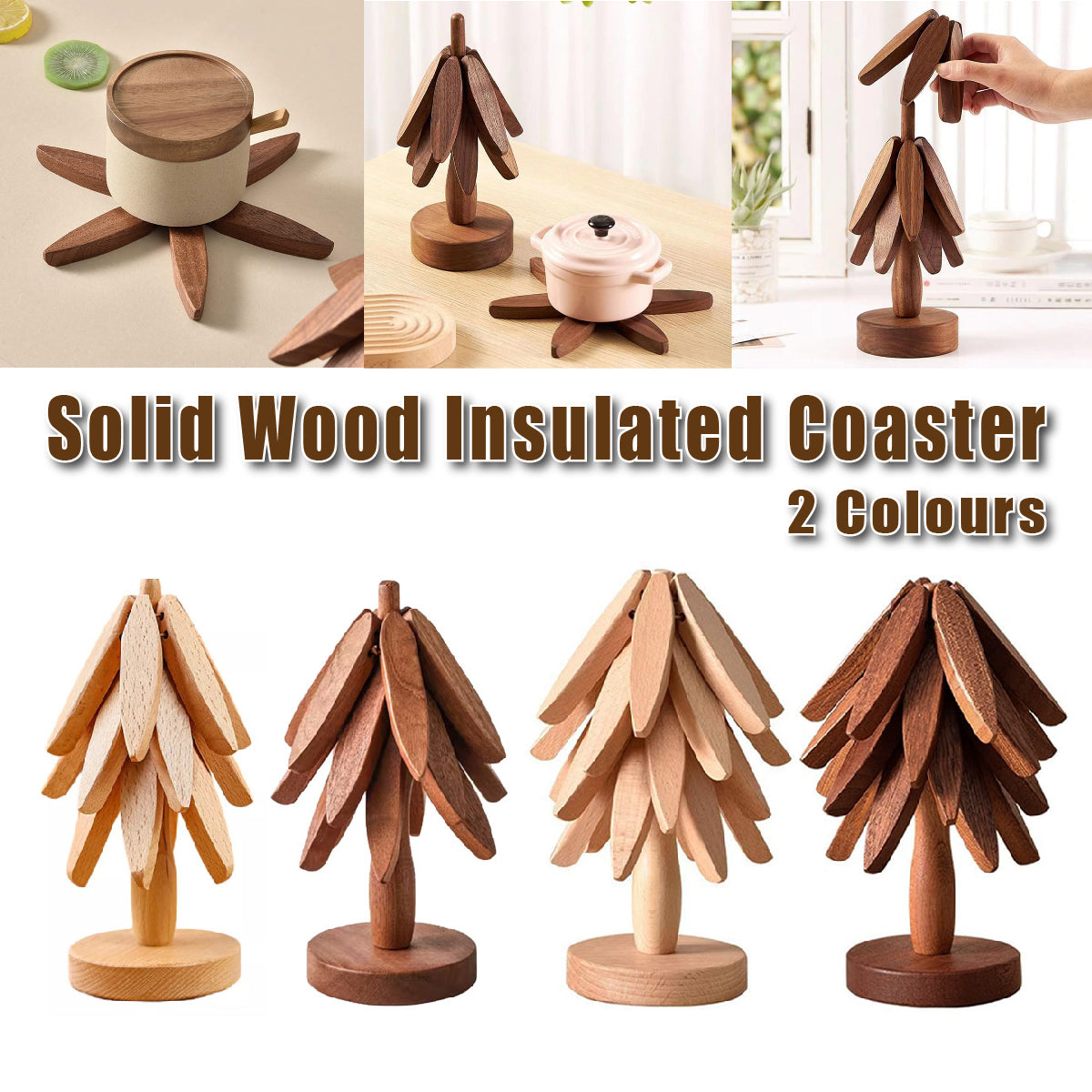 Solid Walnut Wood Christmas Tree Trivet Heat-Resistant Coaster Set
