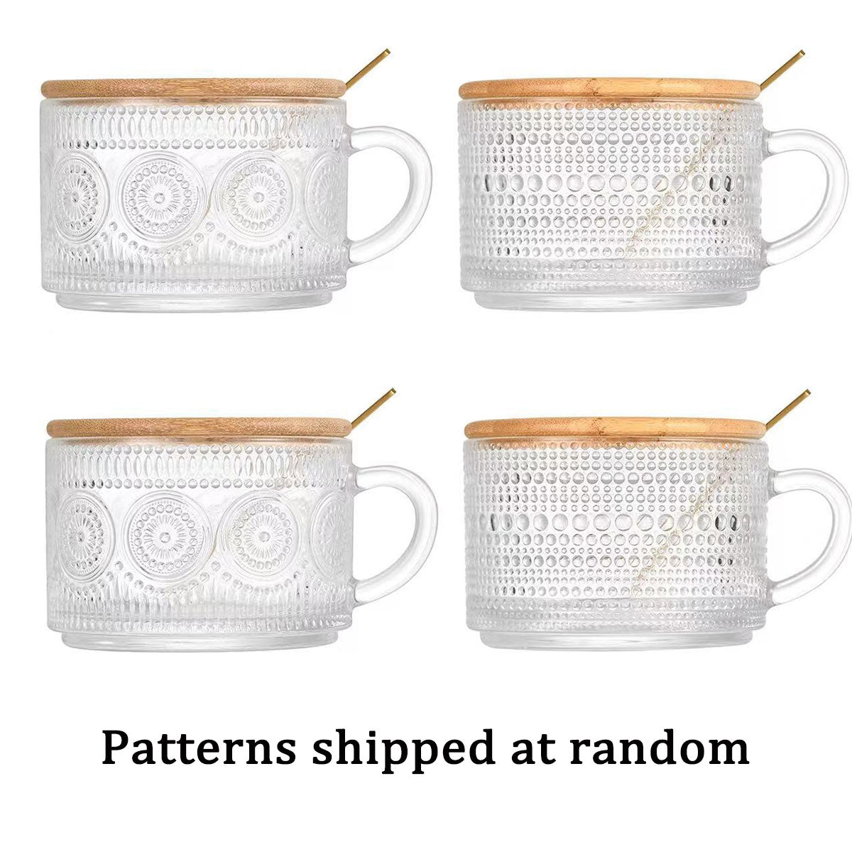 4PCS Vintage Embossed Glass Coffee Cups 14oz with Lid and Spoon for Tea Milk AU