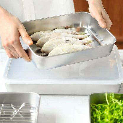 2PCS Stainless Steel Square Food Tray With Lid Rectangular Storage Box Plate AU
