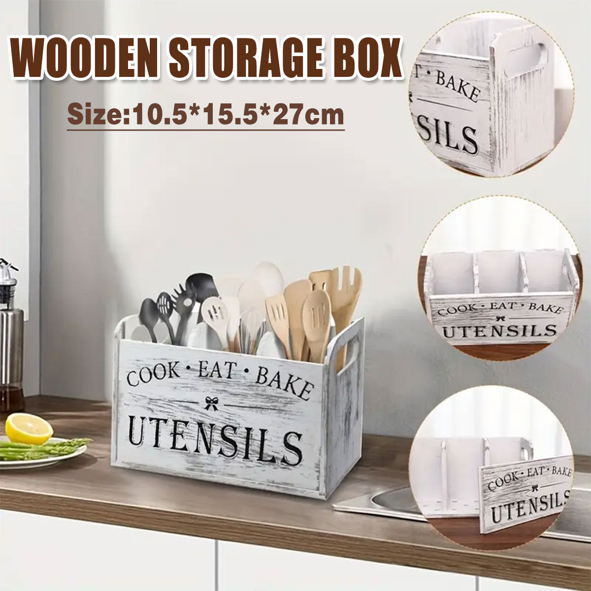 Wooden Rustic Cutlery Organizer Kitchen Utensil Holder Caddy With Handle