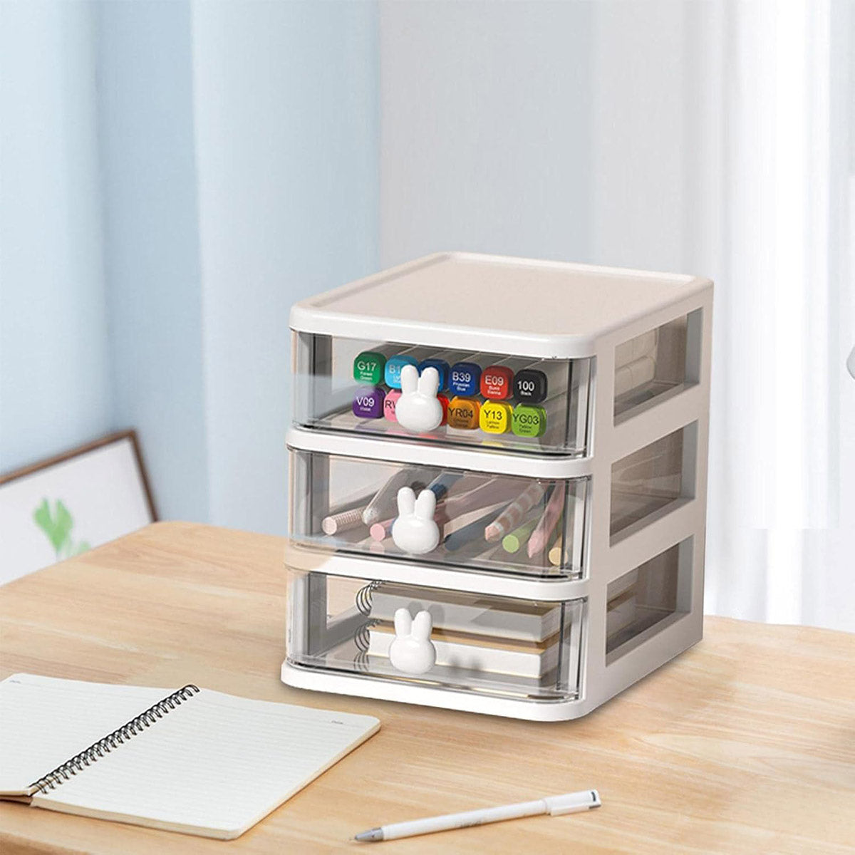 3 Layer Bunny Desktop Organizer Transparent Drawer Storage Box for Home Office