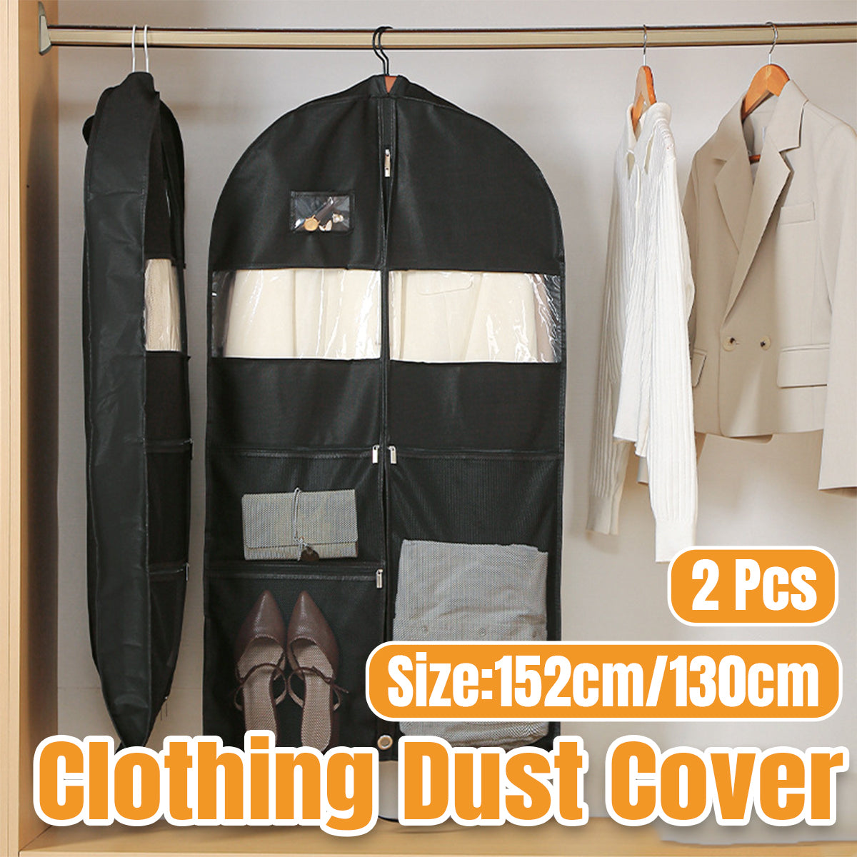 2pcs Hanging Closet Garment Dust Cover Storage Bag Clothes Protector Organizer