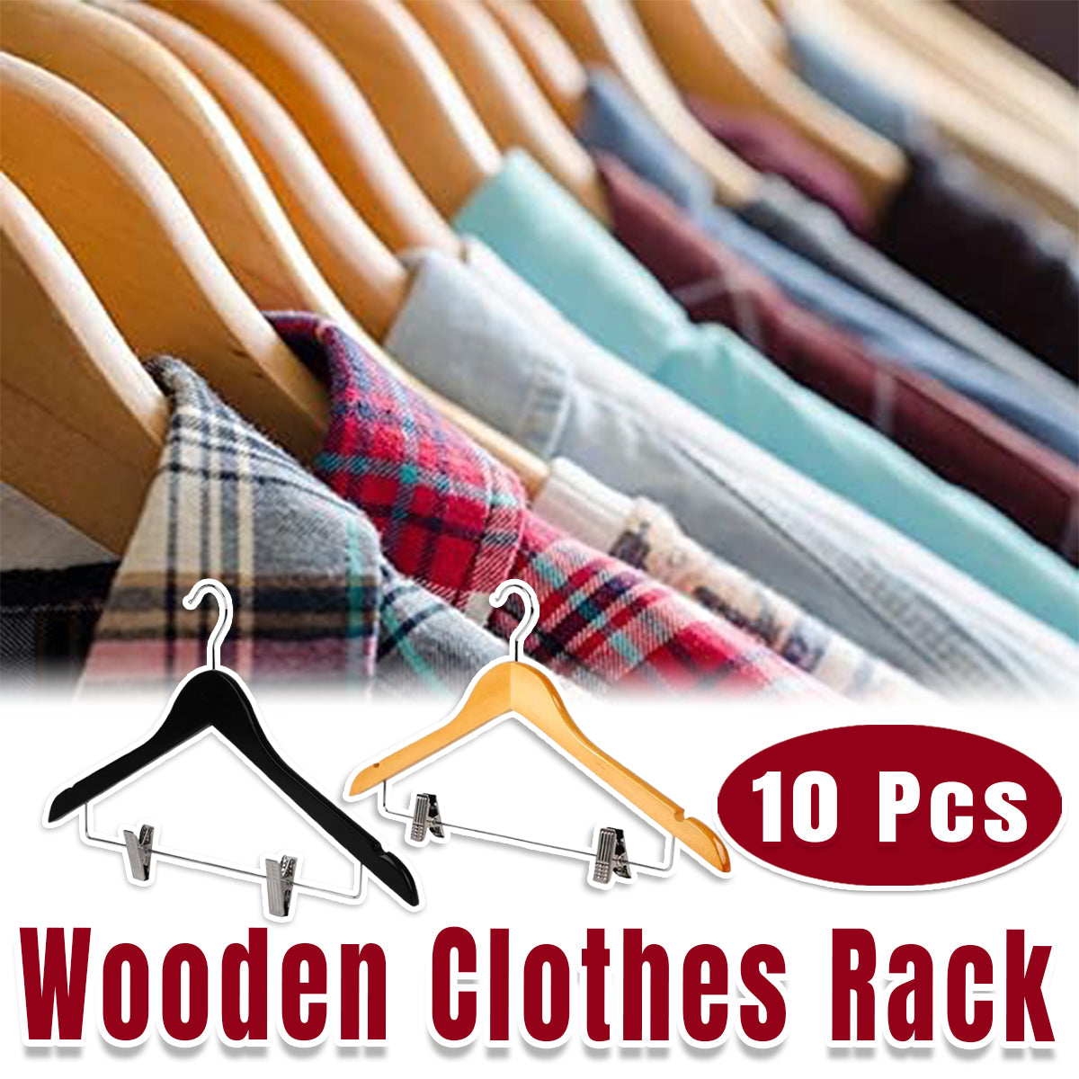 10 Pcs Wooden Non-Slip Wide Shoulder Clothes Hanger with Clip for Hotel Wardrobe