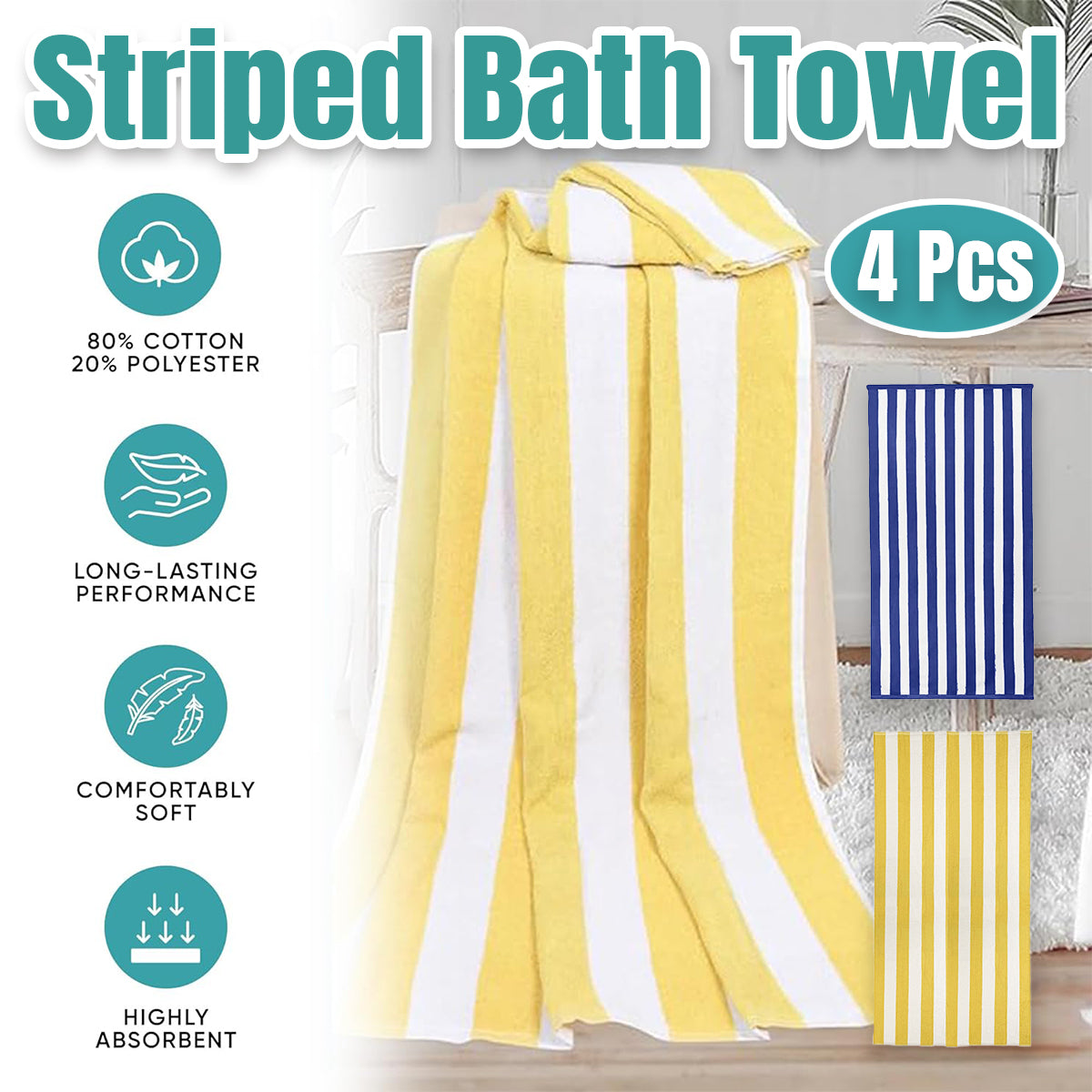 4pcs Striped Bath Towels 75x150cm Soft Absorbent Cotton Towels for Bathroom AU