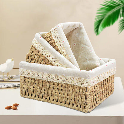 3pcs Rattan Storage Basket Woven Fabric Grass Basket for Home Organiser Decor
