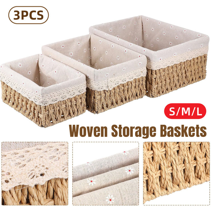 3pcs Rattan Storage Basket Woven Fabric Grass Basket for Home Organiser Decor