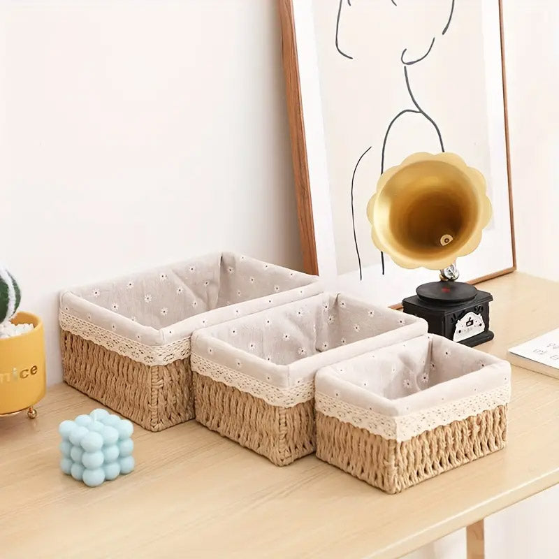 3pcs Rattan Storage Basket Woven Fabric Grass Basket for Home Organiser Decor