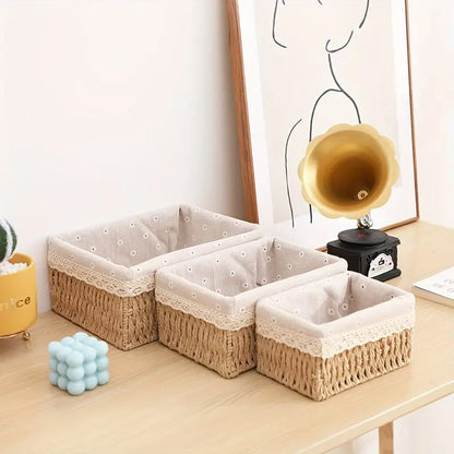 3pcs Rattan Storage Basket Woven Fabric Grass Basket for Home Organiser Decor