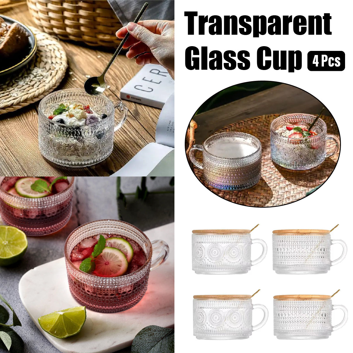 4PCS Vintage Embossed Glass Coffee Cups 14oz with Lid and Spoon for Tea Milk AU