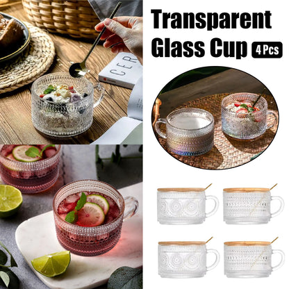 4PCS Vintage Embossed Glass Coffee Cups 14oz with Lid and Spoon for Tea Milk AU