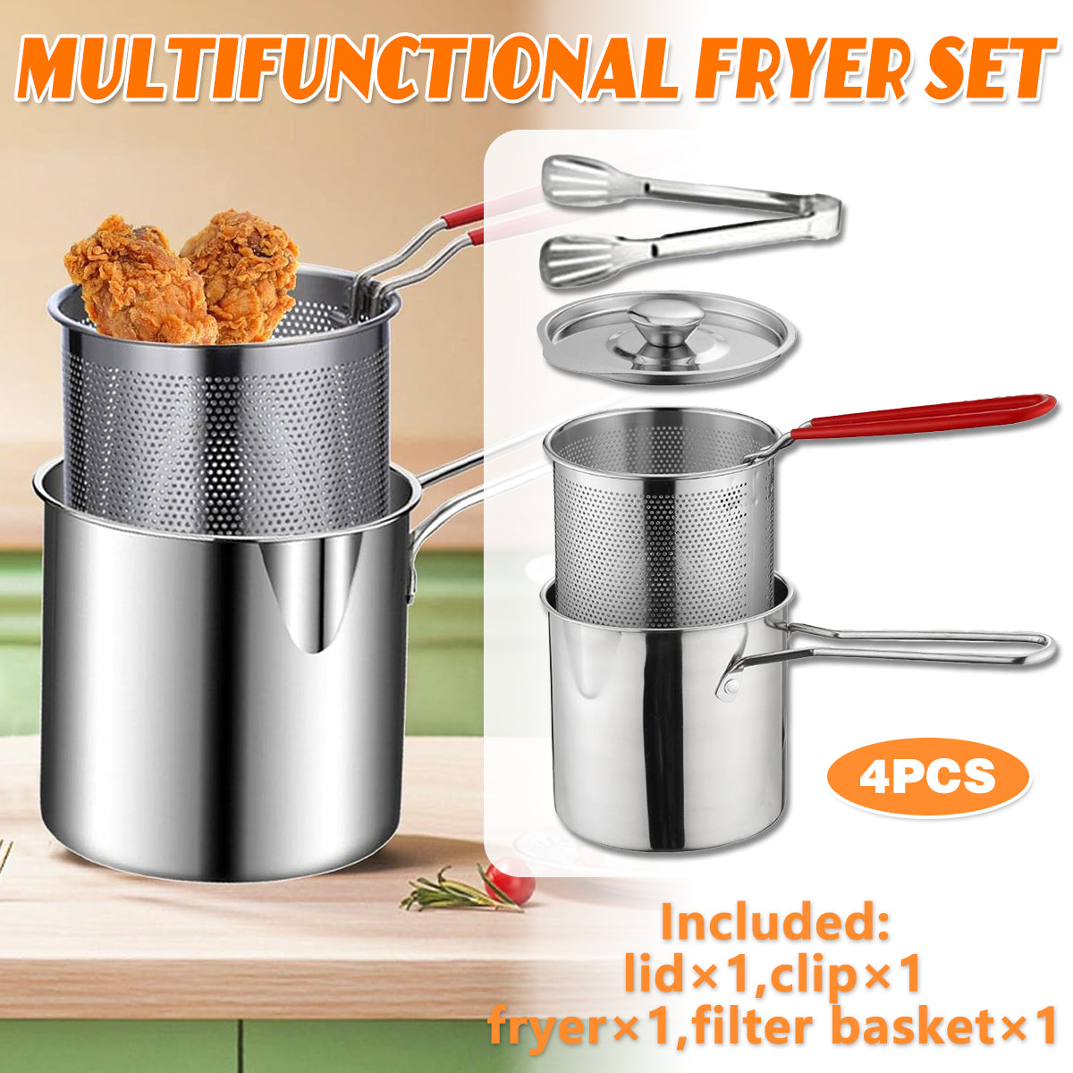 4PCS Stainless Steel Fryer Set Basket Lid Clip Induction Stove Cooking Pot