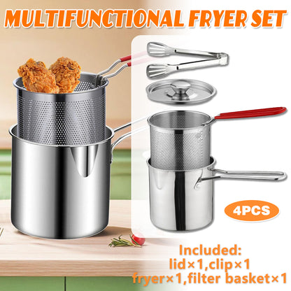 4PCS Stainless Steel Fryer Set Basket Lid Clip Induction Stove Cooking Pot