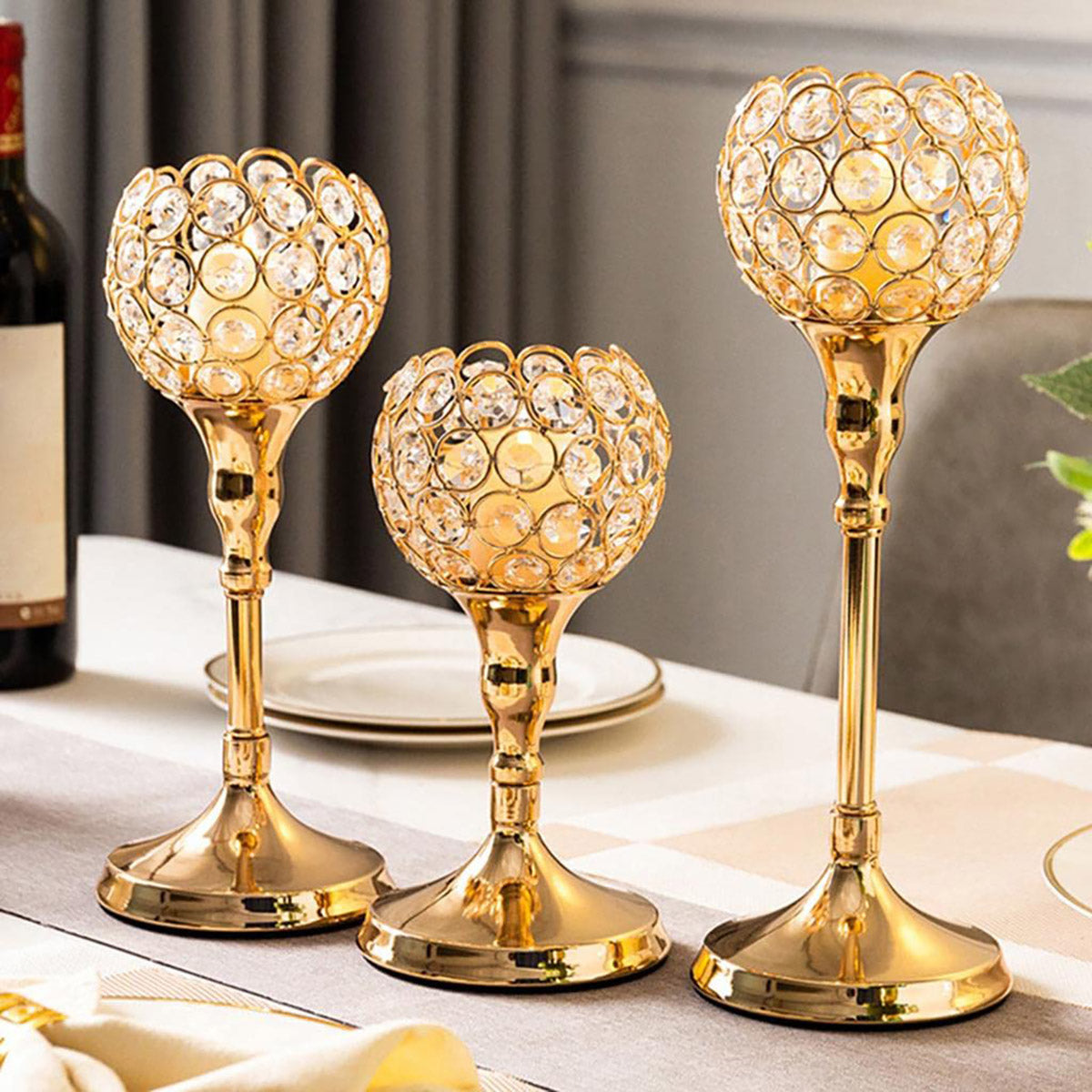 3 Pcs Crystal Candle Holders Metal Base Wedding Dinner Decor Set