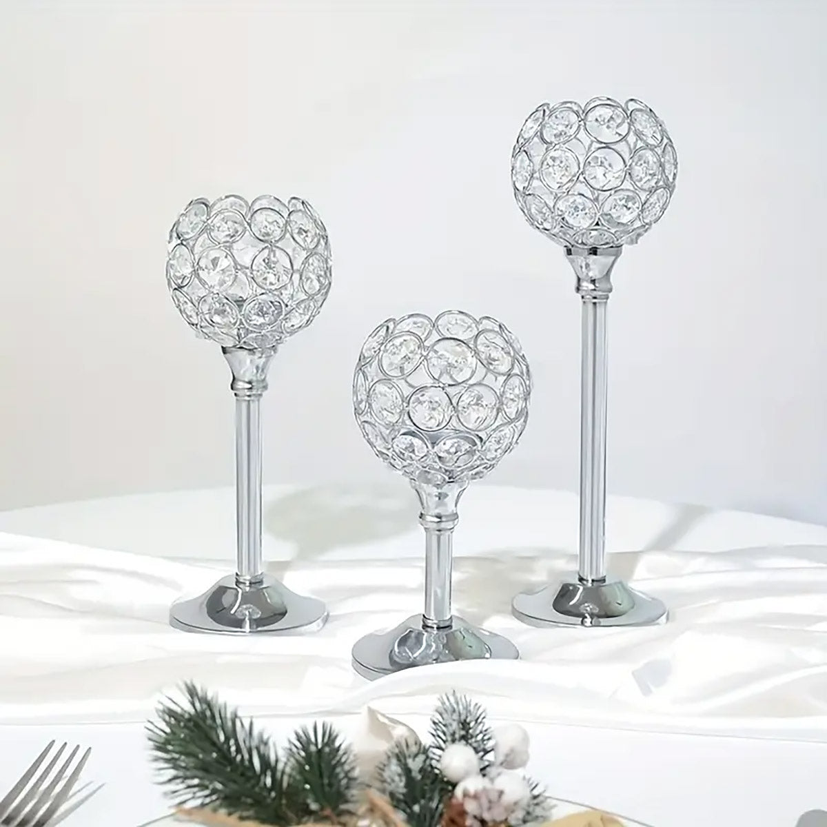 3 Pcs Crystal Candle Holders Metal Base Wedding Dinner Decor Set