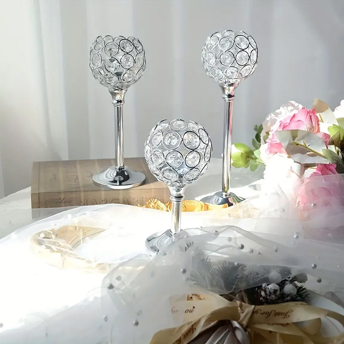 3 Pcs Crystal Candle Holders Metal Base Wedding Dinner Decor Set