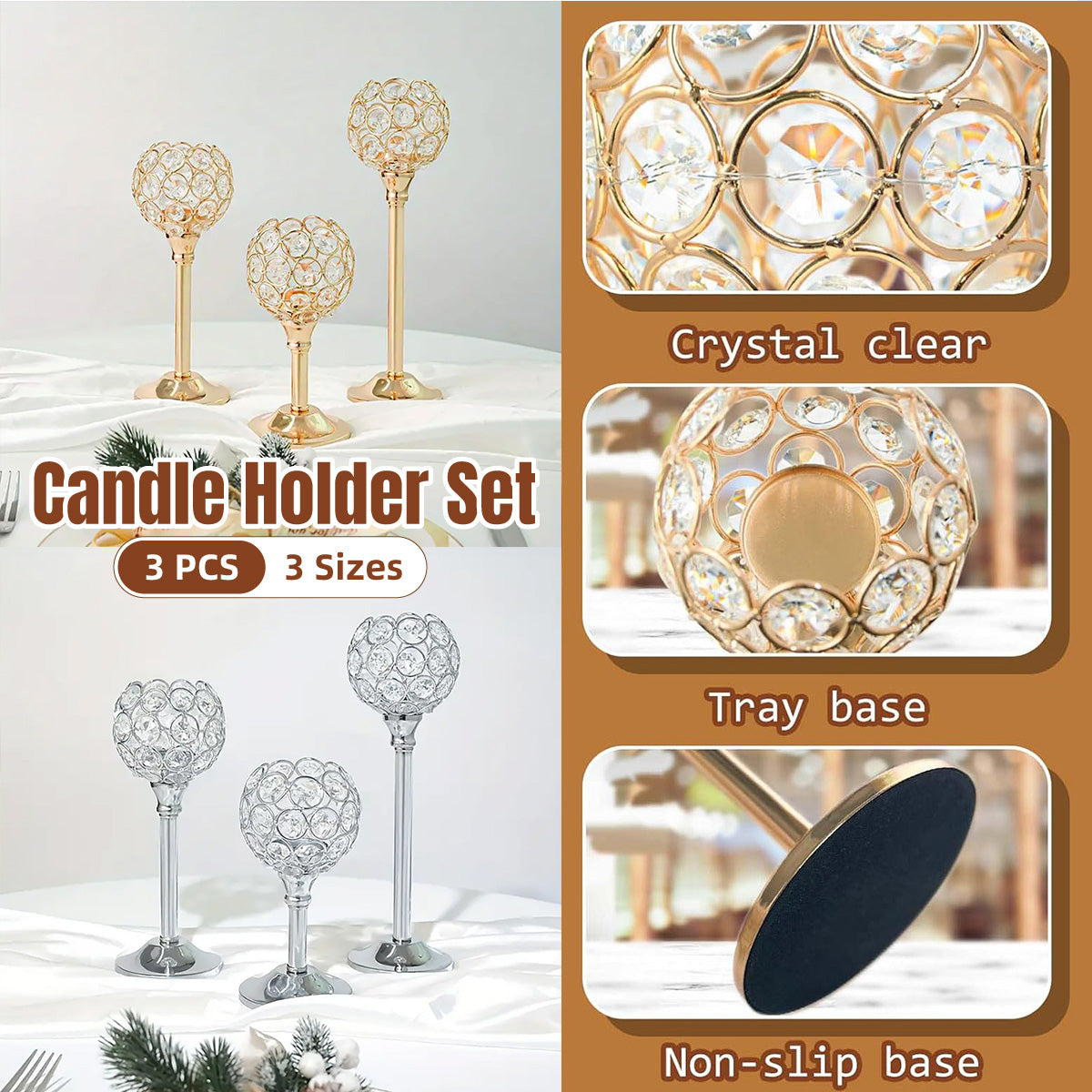 3 Pcs Crystal Candle Holders Metal Base Wedding Dinner Decor Set