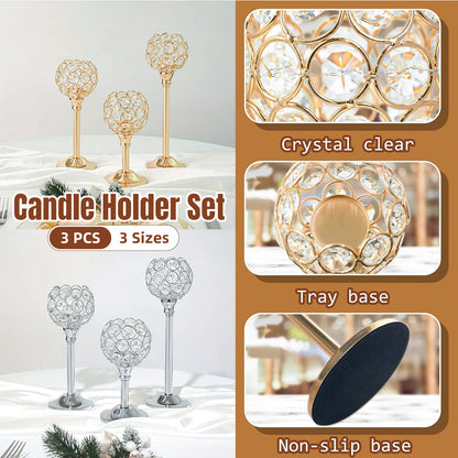 3 Pcs Crystal Candle Holders Metal Base Wedding Dinner Decor Set