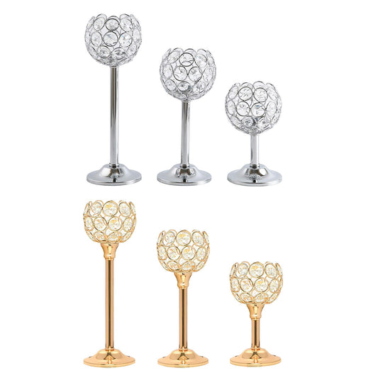3 Pcs Crystal Candle Holders Metal Base Wedding Dinner Decor Set