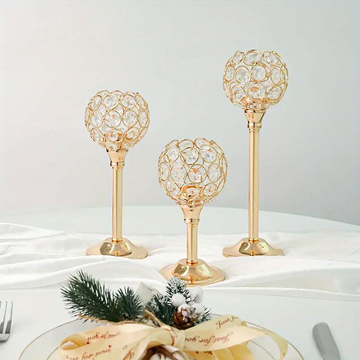 3 Pcs Crystal Candle Holders Metal Base Wedding Dinner Decor Set