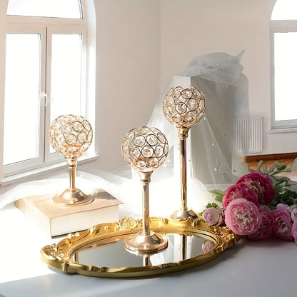 3 Pcs Crystal Candle Holders Metal Base Wedding Dinner Decor Set