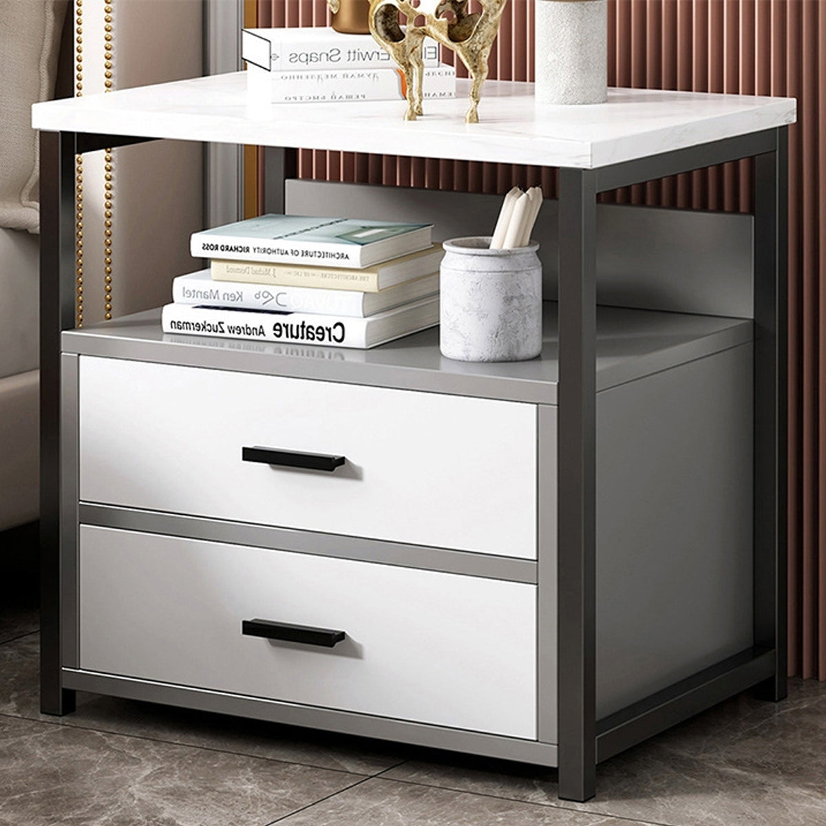 Marble-Look Bedside Table with Two Drawers Metal Frame