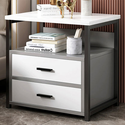 Marble-Look Bedside Table with Two Drawers Metal Frame